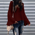 Solid Color V-neck Women Loose Bell Sleeve Sweater
