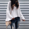 Solid Color V-neck Women Loose Bell Sleeve Sweater