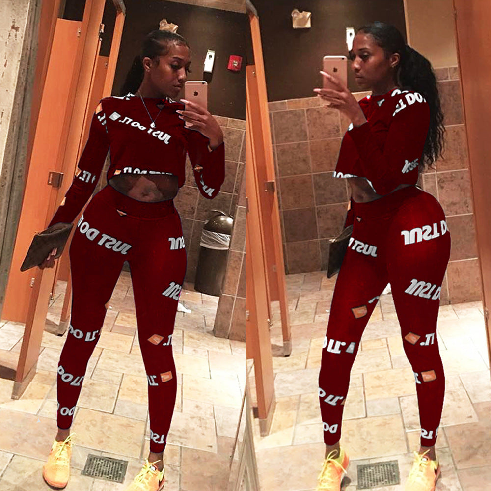 Letter Print Crop with High Waist Long Skinny Leggings Women Two Pieces Sports Set