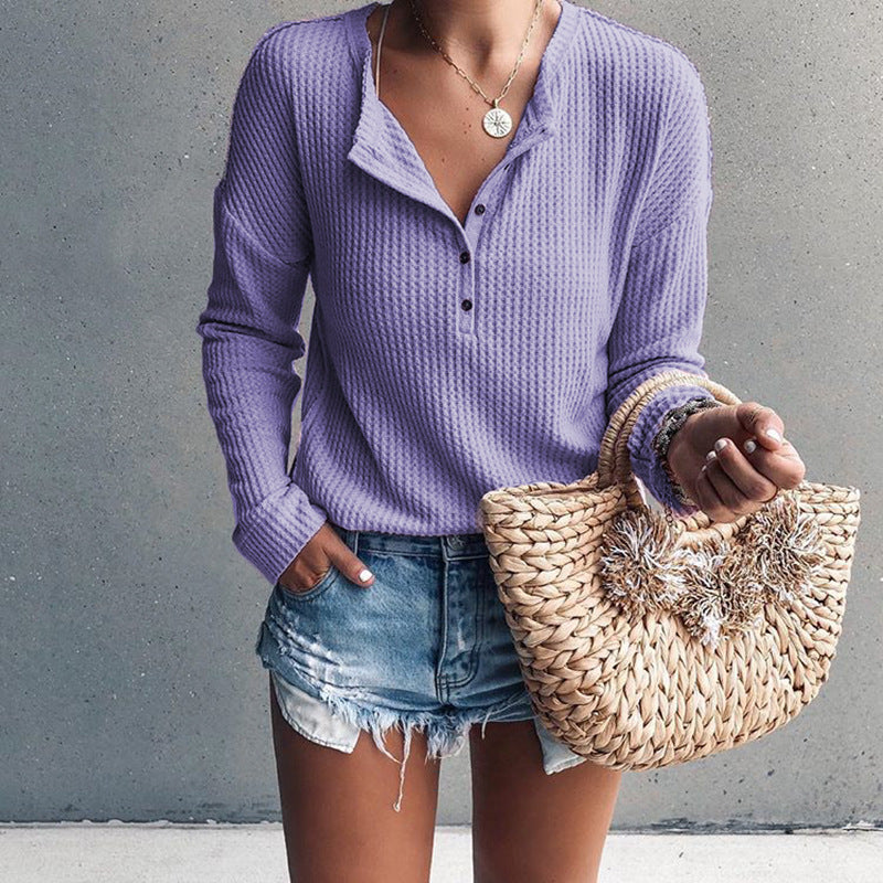 V-neck Buttons Solid Color Women Slim Sweater Top