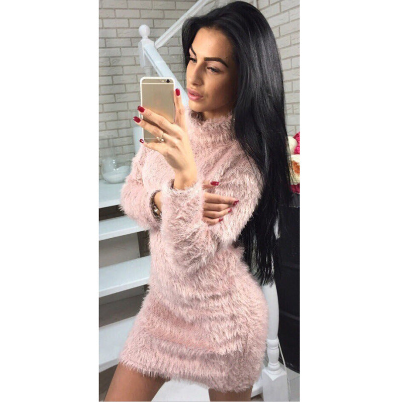 High Turtleneck Fairy Solid Color Women Oversized Long Sweater Dress