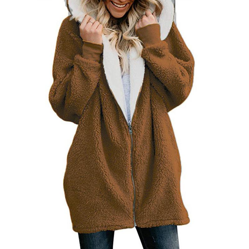 Solid Color Zipper Women Oversized Hooded Plus Size Teddy Coat