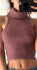 High Neck Ribbed-Knit Sleeveless Short Crop Top - Oh Yours Fashion - 2