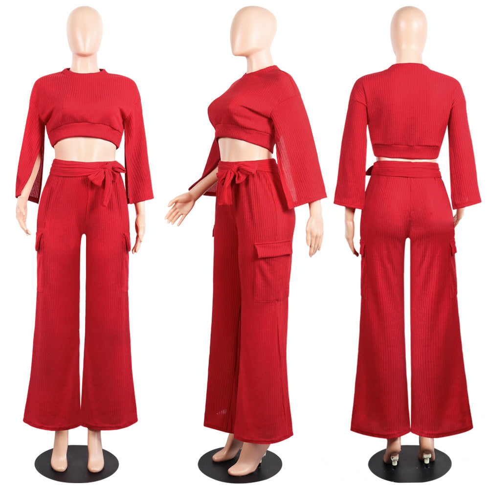 Solid Color Long Split Sleeves Crop Top with Long Wide-leg Pants Women Two Pieces Set
