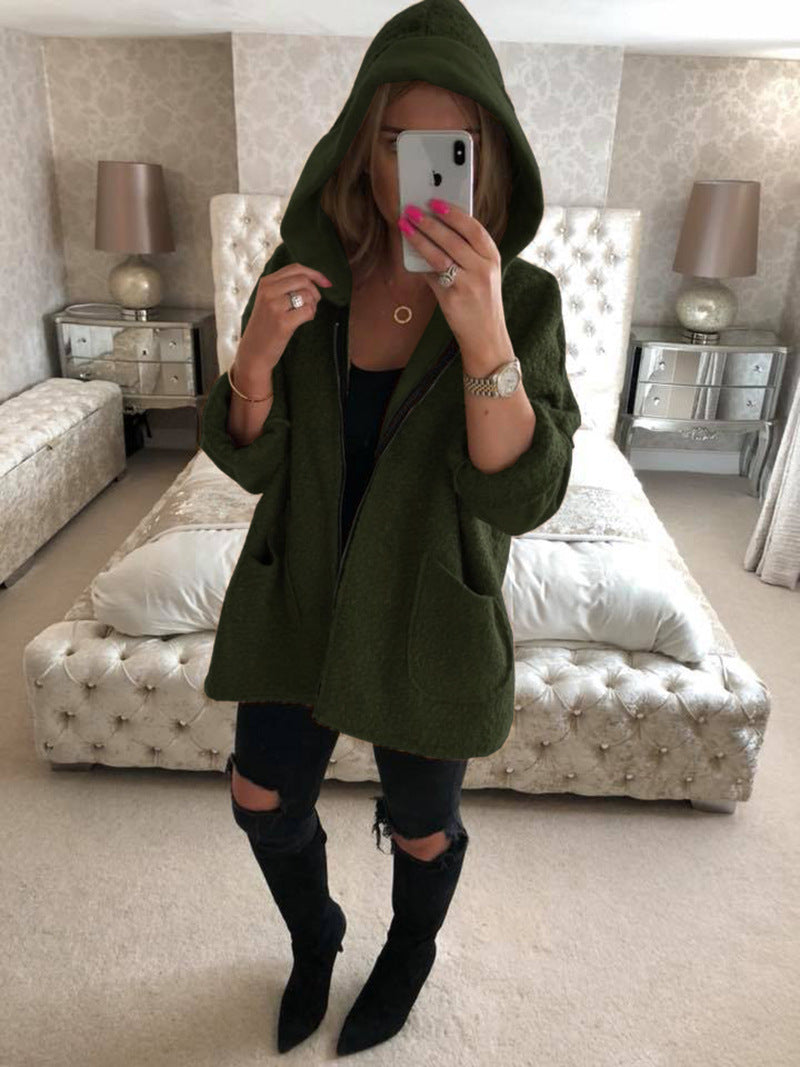 Candy Color Zipper Pockets Women Loose Hooded Oversized Coat
