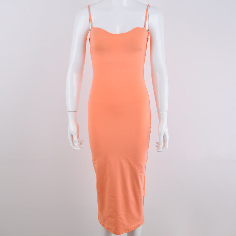 Solid Color Spaghetti Straps Bodycon Women Tee-length Dress