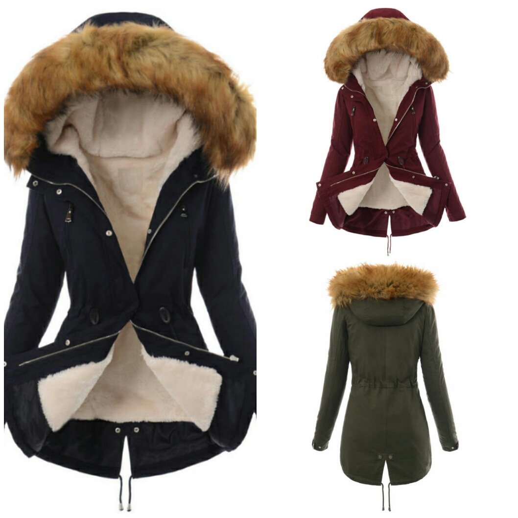 Faux Fur Collar Zippers Slim Women Oversized Long Hooded Parka Jacket Coat