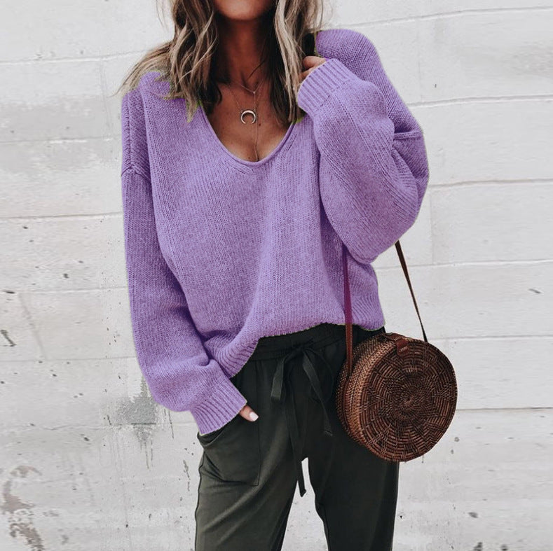 V-neck Candy Solid Color Women Loose Pullover Sweater
