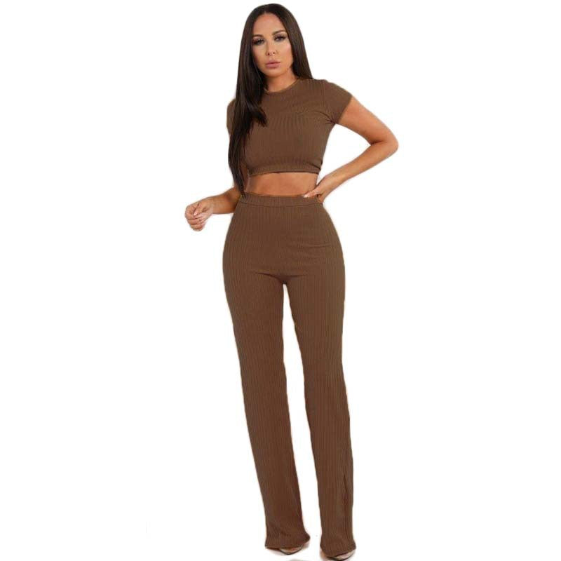 Short Sleeves Cropped T-shirt with Long Wide-leg Pants Women Two Pieces Set