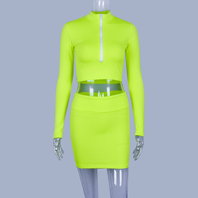 Bright Candy Color Zipper Crop Top with Short Skirts Two Pieces Dress Set