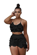 Spaghetti Straps V-neck Lace Crop Top with Patchwork Shorts Two Pieces Set