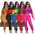 Letter Print Patchwork Cropped Outwear with Long Loose Pants Women Two Pieces Set