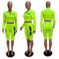 Fluorescent Letter Print Zipper Crop Top High Waist Knee-length Shorts Women Two Pieces Set