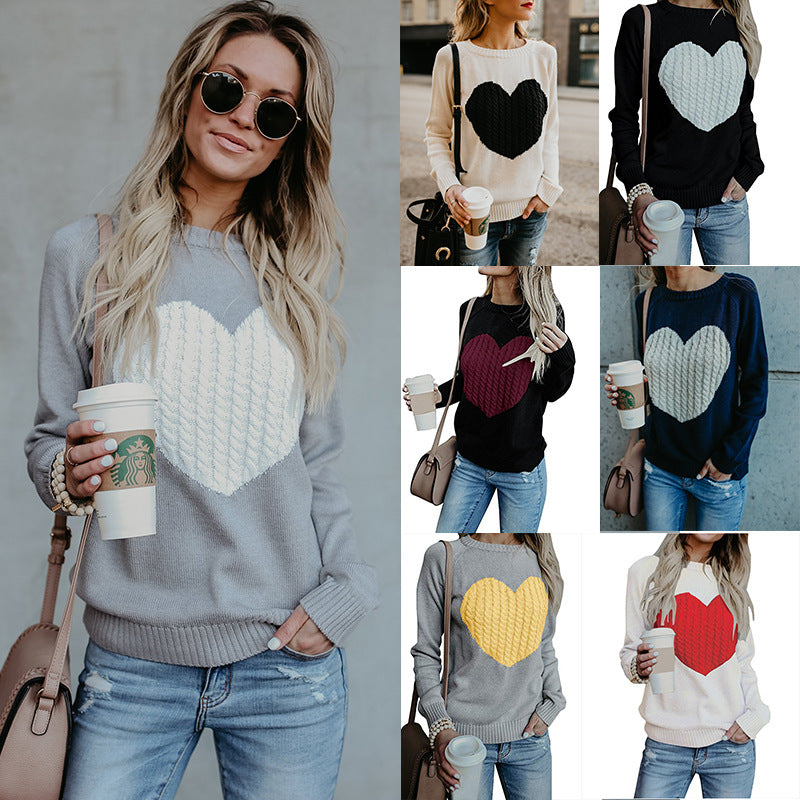 Heart Patchwork Scoop Women Slim Pullover Sweater