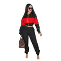 Letter Print Patchwork Cropped Outwear with Long Loose Pants Women Two Pieces Set