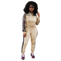 Sequins Patchwork Drawstring Cropped Hoodie with Long Pants Women Two Pieces Autumn Set
