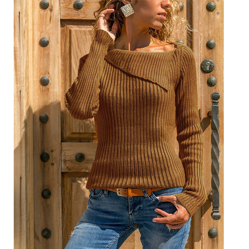 Solid Color Lapel Collar Women Slim Sweater