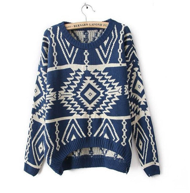 Geometric Argyle Long-Sleeved Loose Knit Scoop Pullover Sweater - Oh Yours Fashion - 2