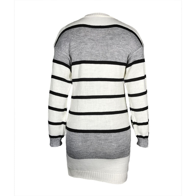 Stripes Scoop Long Loose Sleeves Women Oversized Long Sweater Dress