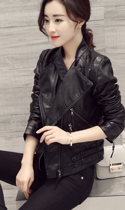 Black Oblique Zipper Slim Stand Collar Crop Jacket - Oh Yours Fashion - 2
