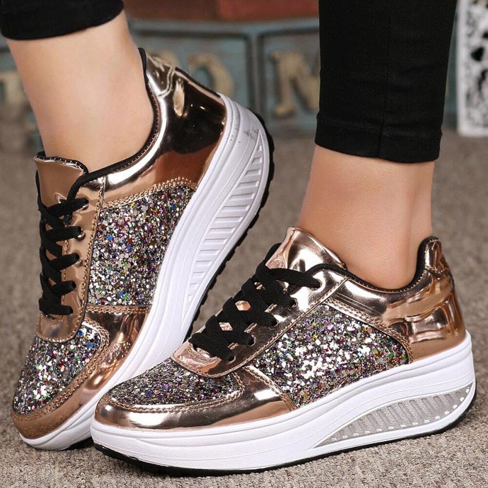 Wedge Glitter Lace Up Chunky Sneakers