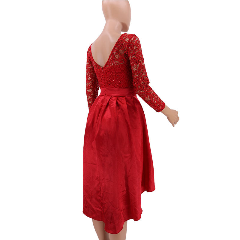 High Waist Asymmetric Lace Knee-length Dress