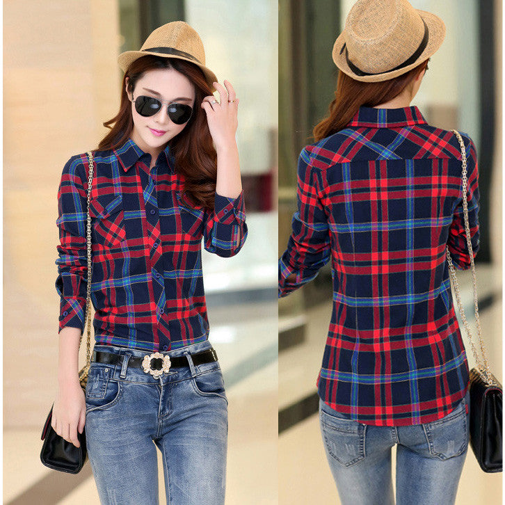 Turn-down Collar Plaid Flower Print Long Sleeves Slim Button Blouse - Oh Yours Fashion - 1