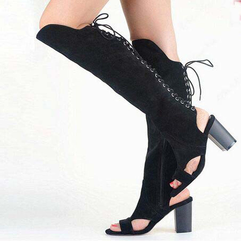 Suede Strap Open Toe Chunky Heel Knee High Sandals