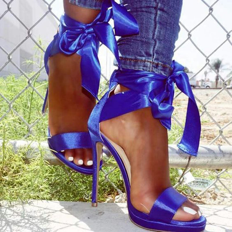 Blue Strap Fabric Open Toe High Heel Sandals