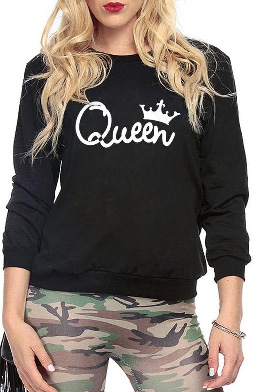 Queen Letter Print Round Collar Long Sleeves Sweatshirt