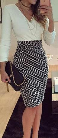 V-neck Long Sleeves Patchwork Bodycon Knee-length Dress - Oh Yours Fashion - 1