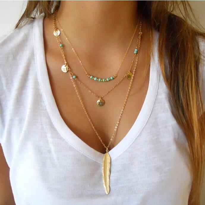 Metal Feather Tassels Sequins Multilayer Necklace - Oh Yours Fashion - 1