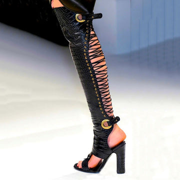 Leather Cutout Open Toe High Heel Over Knee Boots