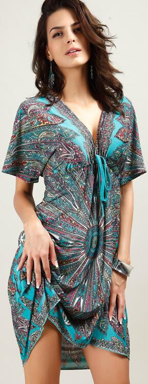 Plus Size Floral Print V Neck Draw String Beach Dress - Oh Yours Fashion - 2
