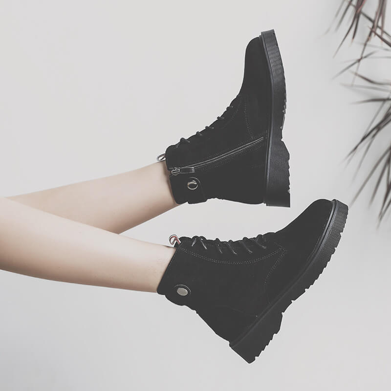 Lace Up Suede Zipper Flat Ankle Martin Boots