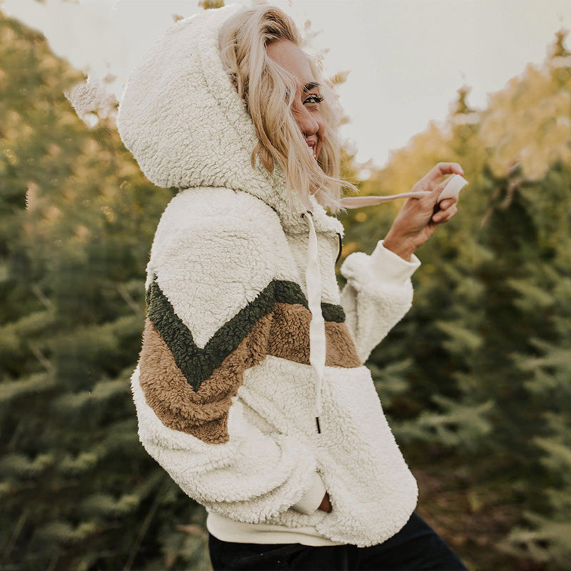 Pullover Drawstring Furry Patchwork Hoodies