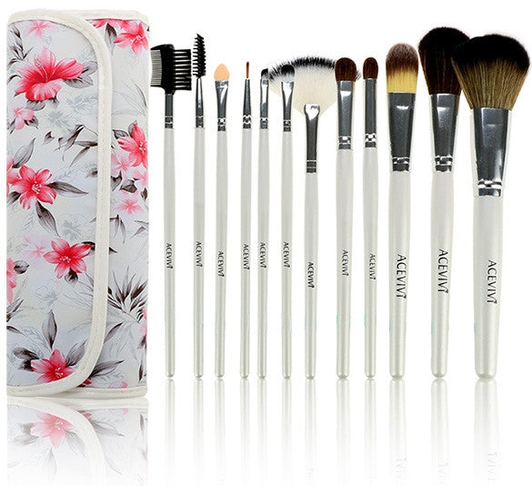 Acevivi Fashion Women's Professional 12pcs Soft Cosmetic Tool Makeup Brush Set Kit With Floral Printed Pouch - Oh Yours Fashion - 1