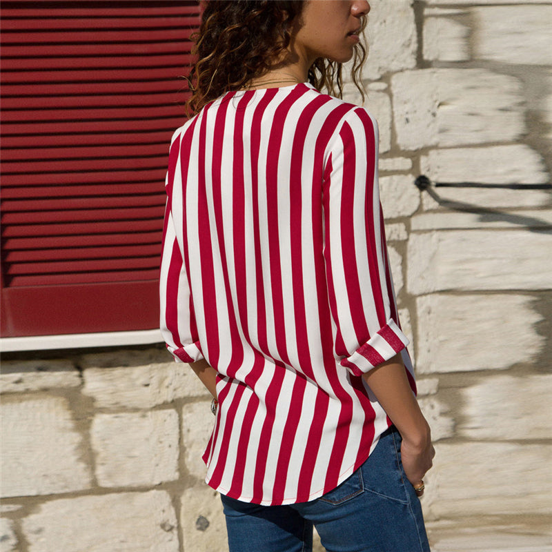 Women Striped Blouse Shirt Long Sleeve V-neck Shirts Casual Tops Blouse