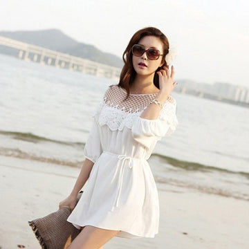 Fashion 3/4 Sleeve Hollow Out Lace Splicing Beach Dress - O Yours Fashion - 1