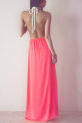 Hollow Out Halter Pink Backless Split Long Maxi Beach Dress - O Yours Fashion - 4