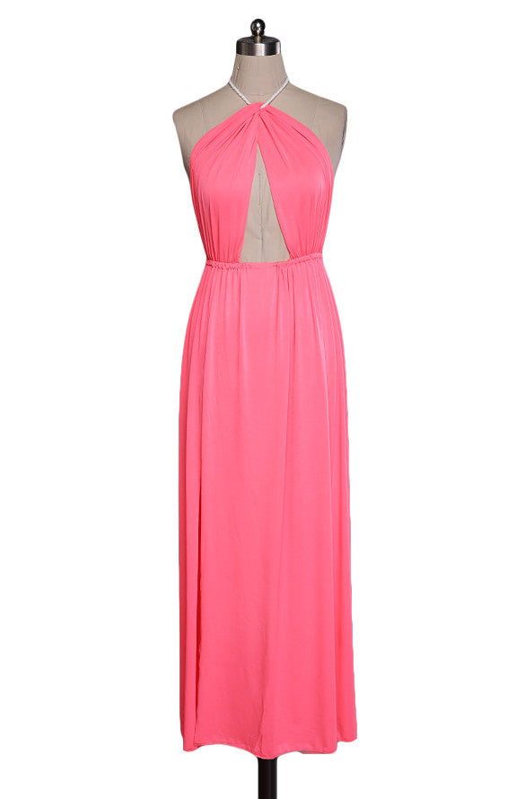 Hollow Out Halter Pink Backless Split Long Maxi Beach Dress - O Yours Fashion - 6