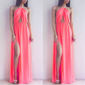 Hollow Out Halter Pink Backless Split Long Maxi Beach Dress - O Yours Fashion - 2