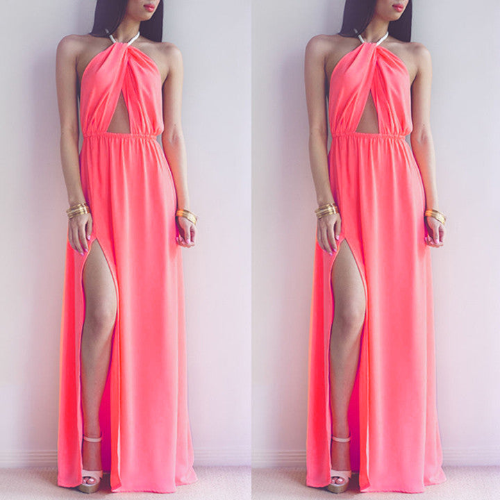 Hollow Out Halter Pink Backless Split Long Maxi Beach Dress - O Yours Fashion - 2