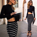 Long Sleeves Crop Top Striped Stretch Skirt Dress Set - Oh Yours Fashion - 1