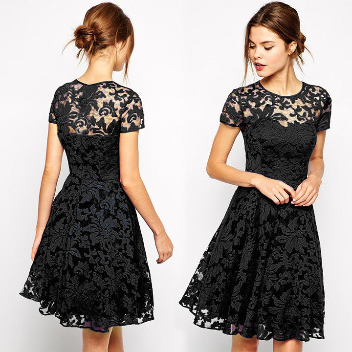 Fashion A-line Hollow Out Lace Knee-length Dress - OhYoursFashion - 2