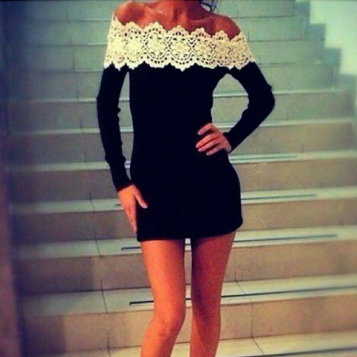 Off Shoulder Long Sleeves Slim Lace Little Black Dress - O Yours Fashion - 1