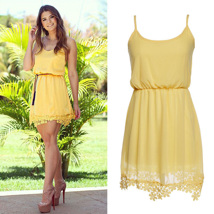 Yellow Chiffon Lace Tunic Party Mini Dress - O Yours Fashion - 2