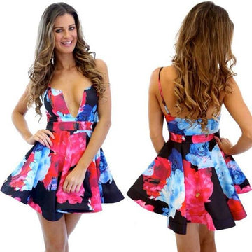 Floral Printing Straps Padded Short Dress - OhYoursFashion - 1