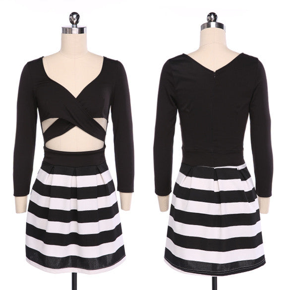 Bandage Cross Bodycon Long Sleeve Striped Fake Two Pieces Short Dress - O Yours Fashion - 3