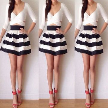 Bandage Cross Bodycon Long Sleeve Striped Fake Two Pieces Short Dress - O Yours Fashion - 1